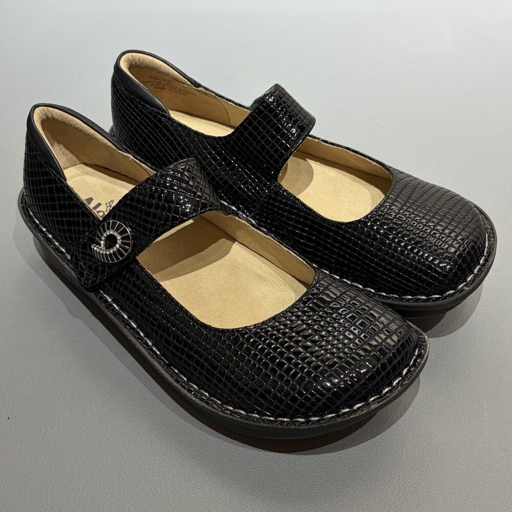 Alegria Paloma Mary Jane Shoes Black Leather Embossed Snakeskin EU 39 US 9